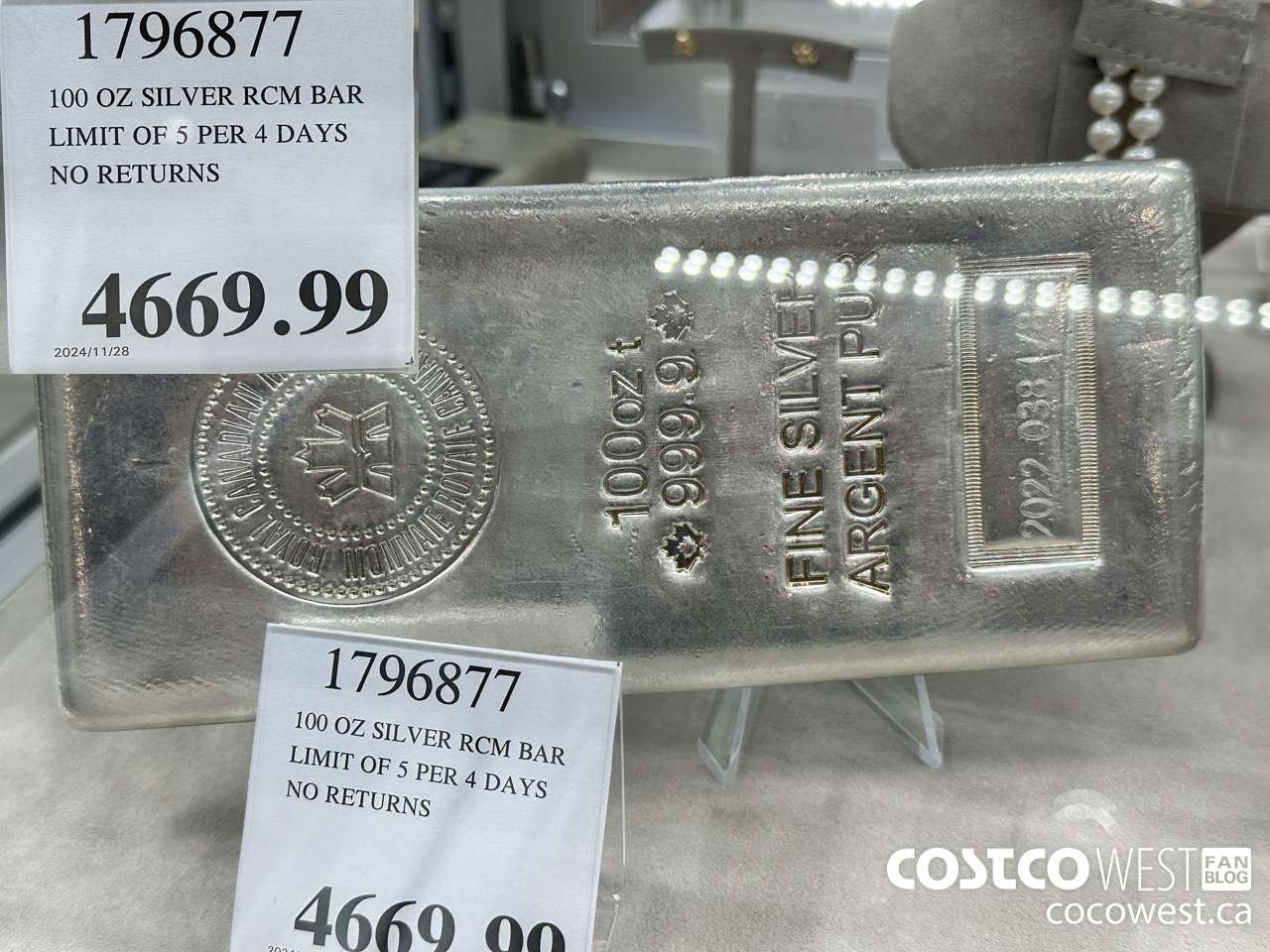 1796877 100 OZ SILVER RCM BAR LIMIT OF 5 PER 4 DAYS NO RETURNS $4669.99