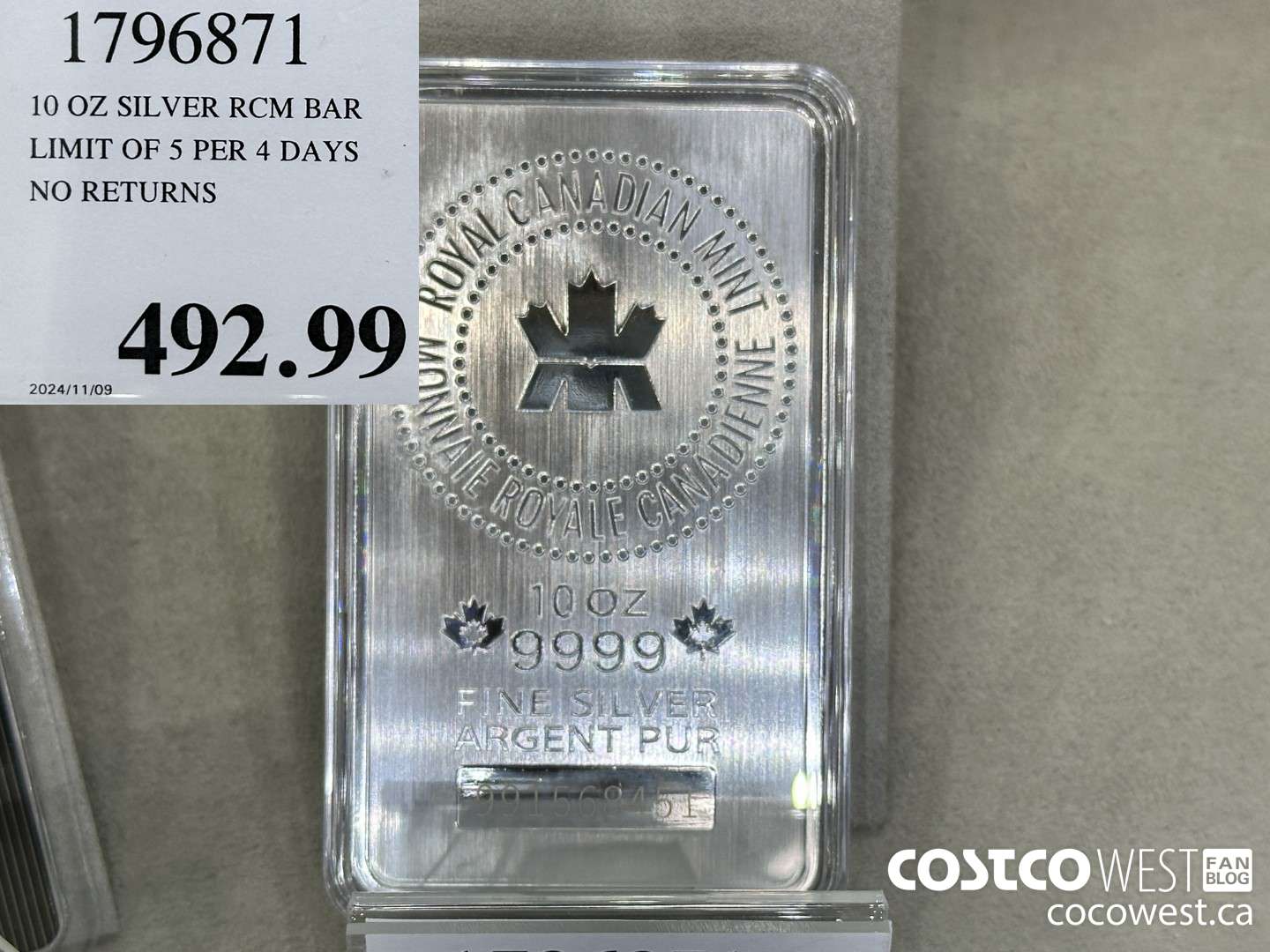 1796871 10 OZ SILVER RCM BAR LIMIT OF 5 PER 4 DAYS NO RETURNS  $492.99