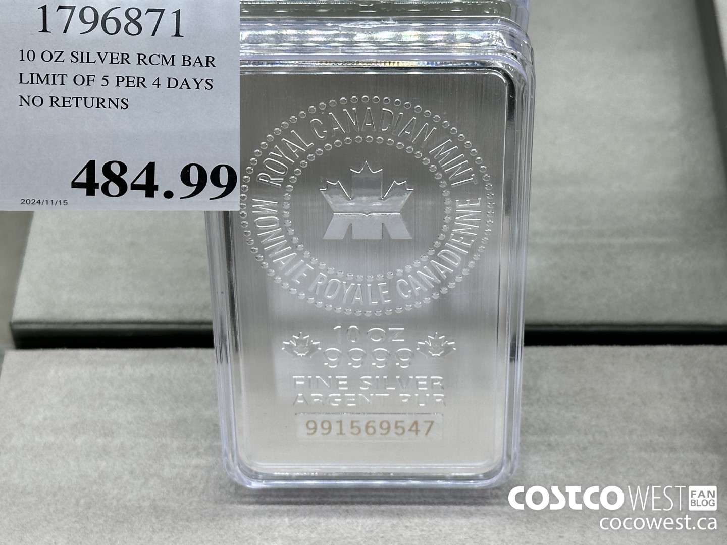 1796871 10 OZ SILVER RCM BAR LIMIT OF 5 PER 4 DAYS NO RETURNS  $484.99
