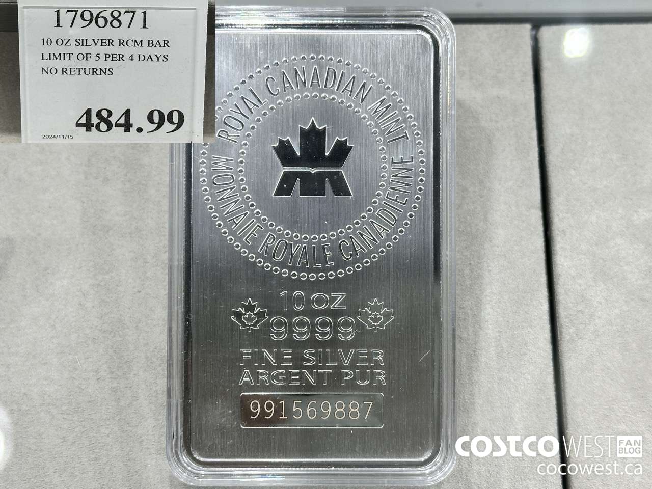 1796871 10 OZ SILVER RCM BAR LIMIT OF 5 PER 4 DAYS NO RETURNS  $484.99