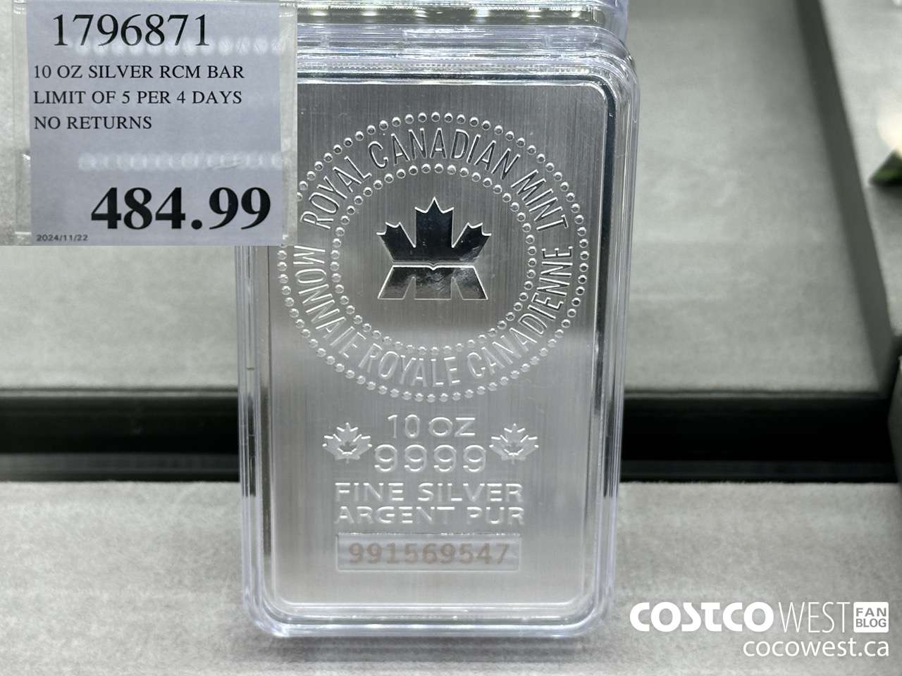 1796871 10 OZ SILVER RCM BAR LIMIT OF 5 PER 4 DAYS NO RETURNS  $484.99