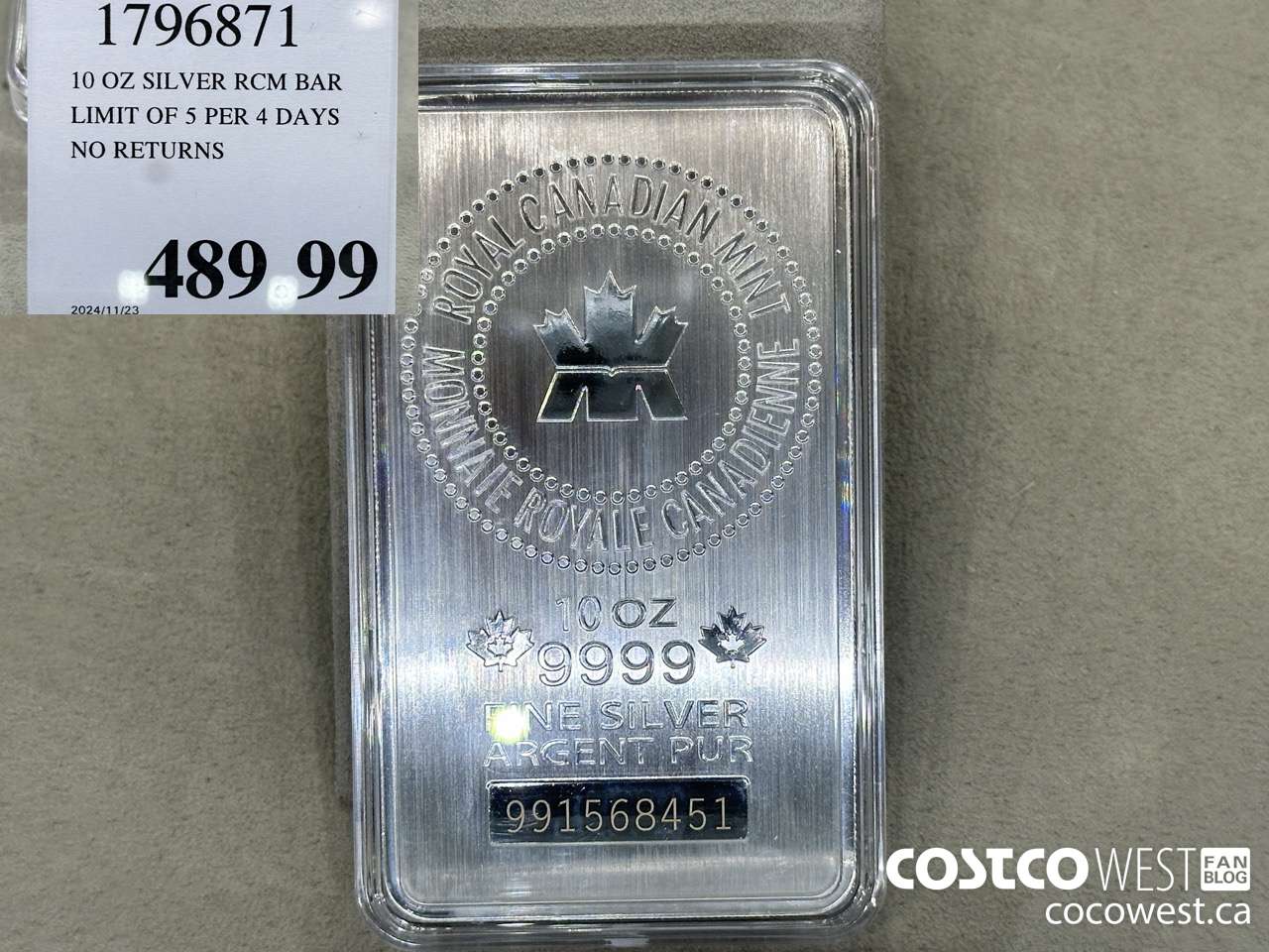 1796871 10 OZ SILVER RCM BAR LIMIT OF 5 PER 4 DAYS NO RETURNS  $489.99