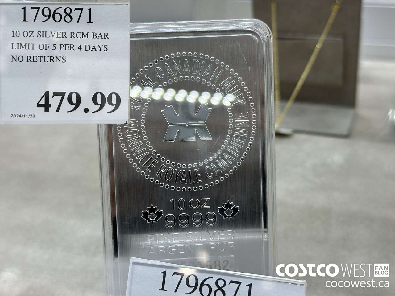 1796871 10 OZ SILVER RCM BAR LIMIT OF 5 PER 4 DAYS NO RETURNS  $479.99