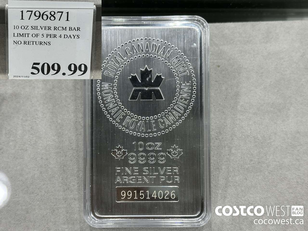 1796871 10 OZ SILVER RCM BAR LIMIT OF 5 PER 7 DAYS NO RETURNS  $509.99