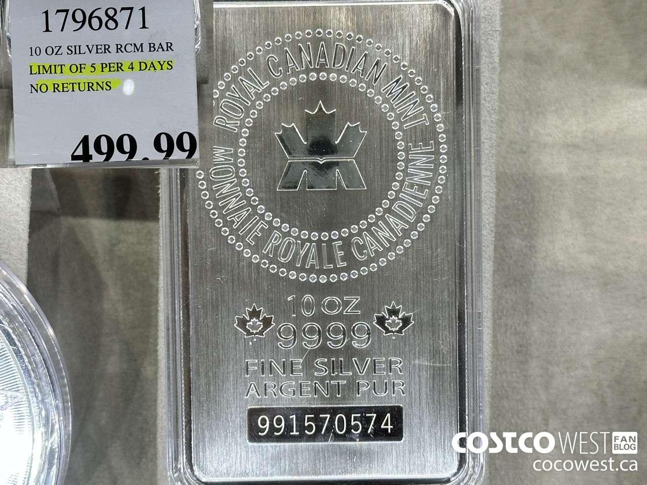 1796871 10 OZ SILVER RCM BAR LIMIT OF 5 PER 7 DAYS NO RETURNS  $499.99