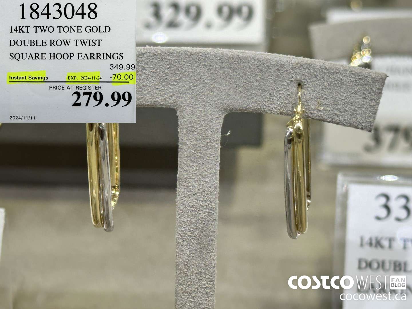 1843048 14KT TWO TONE GOLD DOUBLE ROW TWIST SQUARE HOOP EARRINGS ($70.00 INSTANT SAVINGS EXPIRES ON 2024-11-24) $279.99