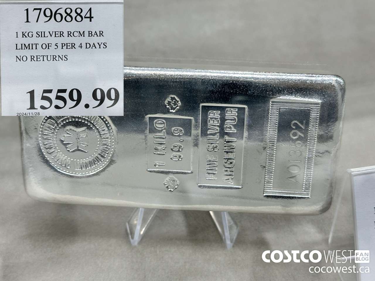 1796884 1 KG SILVER RCM BAR LIMIT OF 5 PER 4 DAYS NO RETURNS $1559.99