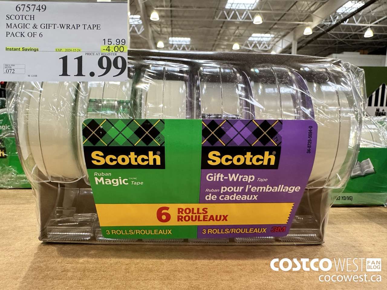 675749 3M SCOTCH MAGIC TAPE/GIFT WRAP TAPE 6PK ($4.00 INSTANT SAVINGS EXPIRES ON 2024-12-24) $11.99