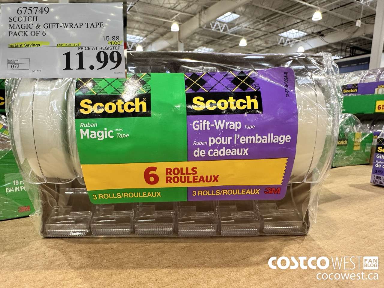 675749 3M SCOTCH MAGIC TAPE/GIFT WRAP TAPE 6PK ($4.00 INSTANT SAVINGS EXPIRES ON 2024-12-24) $11.99
