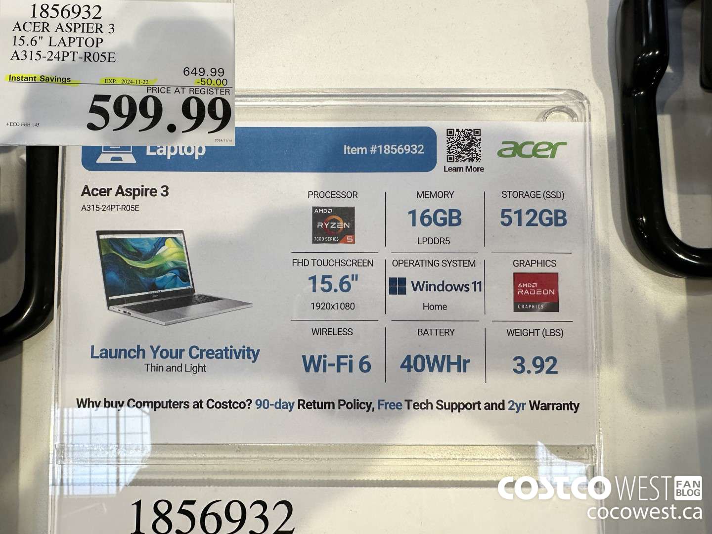 1856932 ACER ASPIRE 3 LAPTOP A315-24PT-R05E ($50.00 INSTANT SAVINGS EXPIRES ON 2024-11-22) $599.99