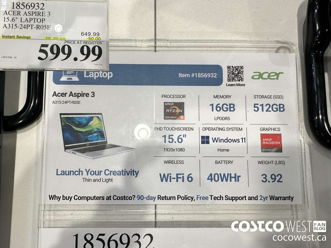 1856932 ACER ASPIRE 3 LAPTOP A315-24PT-R05E ($50.00 INSTANT SAVINGS EXPIRES ON 2024-12-01) $599.99