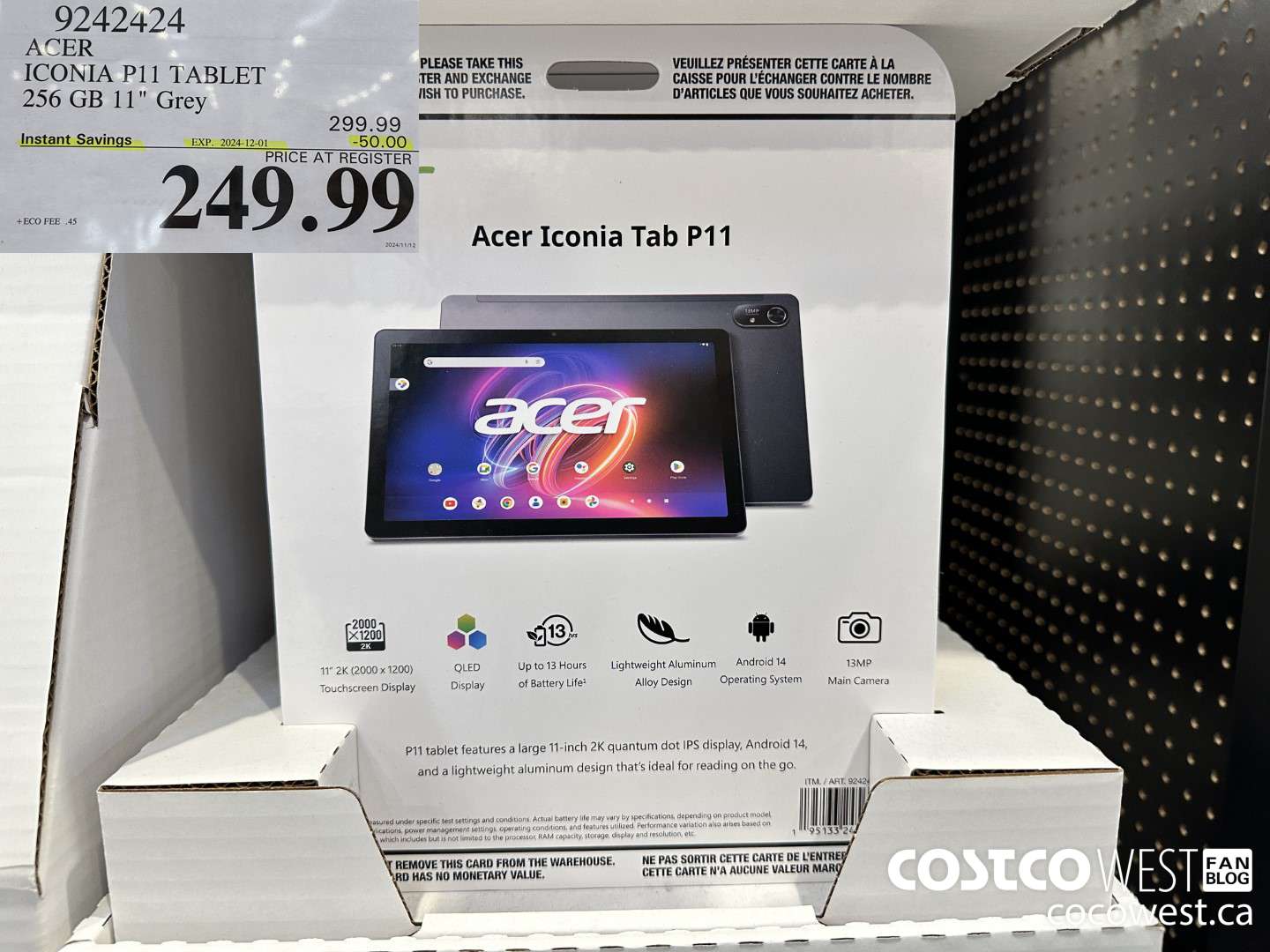 9242424 ACER ICONA 11IN TABLET 256GB GREY ($50.00 INSTANT SAVINGS EXPIRES ON 2024-12-01) $249.99