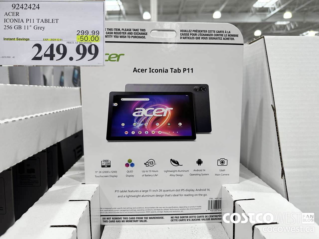 9242424 ACER ICONA 11IN TABLET 256GB GREY ($50.00 INSTANT SAVINGS EXPIRES ON 2024-12-01) $249.99