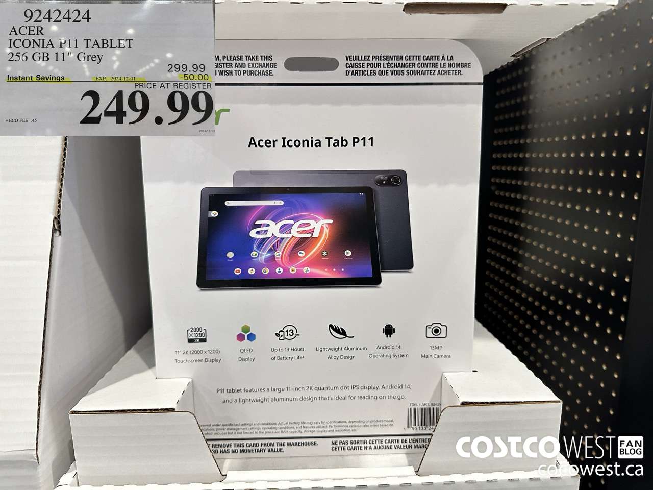 9242424 ACER ICONA 11IN TABLET 256GB GREY ($50.00 INSTANT SAVINGS EXPIRES ON 2024-12-01) $249.99