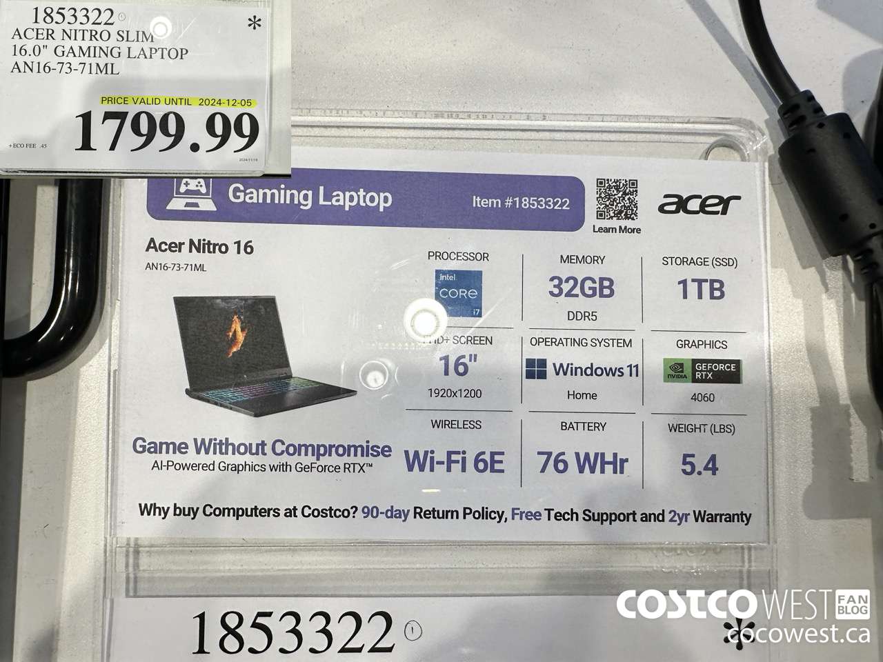 1853322 ACER NITRO SLIM 16IN GAMING LAPTOP AN16-73-71ML (EXPIRES ON 2024-12-05) $1799.99