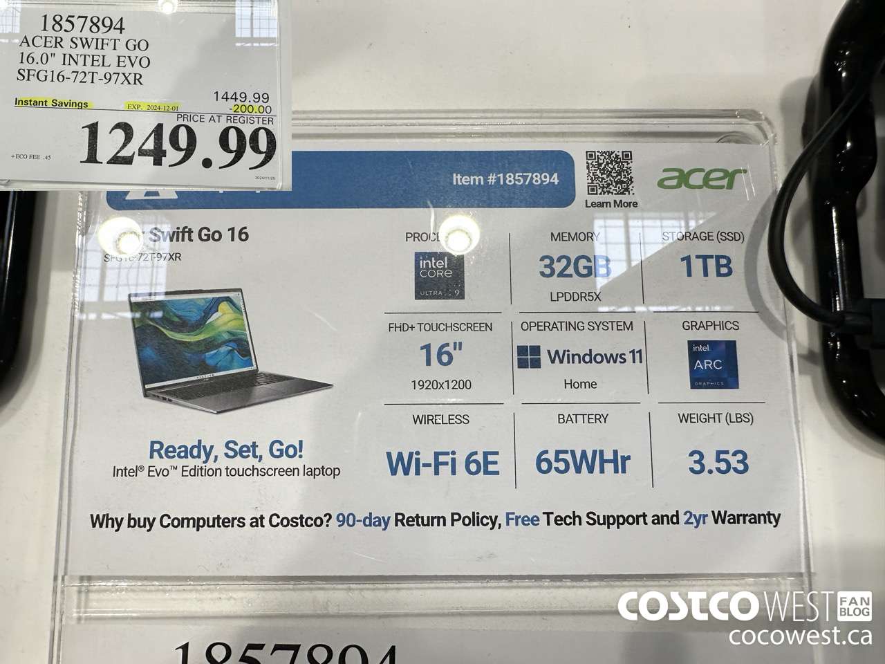 1857894 ACER SWIFT GO 16-IN INTEL EVO LAPTOP SFG16-72T-97XR ($200.00 INSTANT SAVINGS EXPIRES ON 2024-12-01) $1249.99