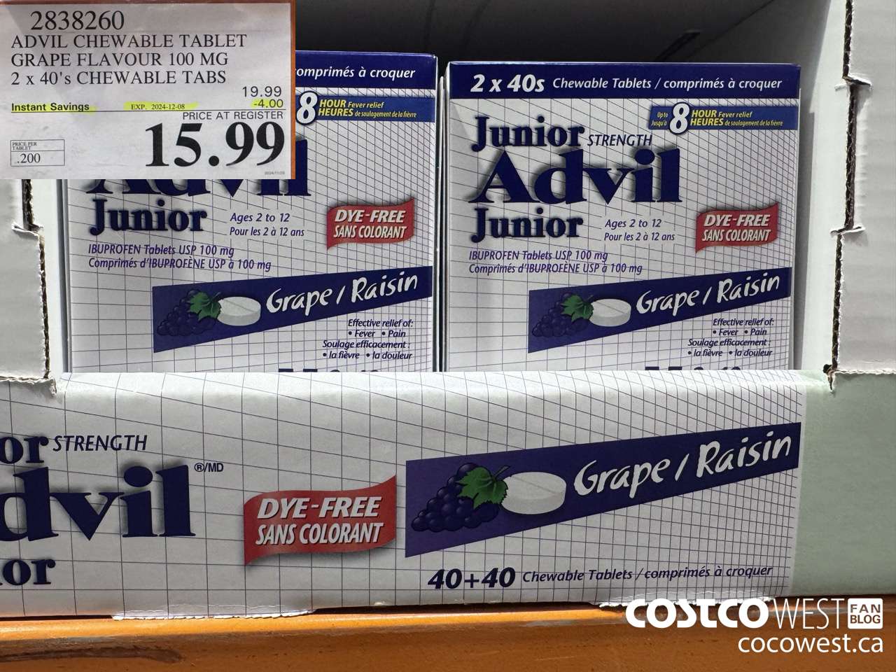 2838260 ADVIL CHEWABLE TABLET GRAPE FLAVOUR 100 MG 2 X 40'S CHEWABLE TABS ($4.00 INSTANT SAVINGS EXPIRES ON 2024-12-08) $15.99