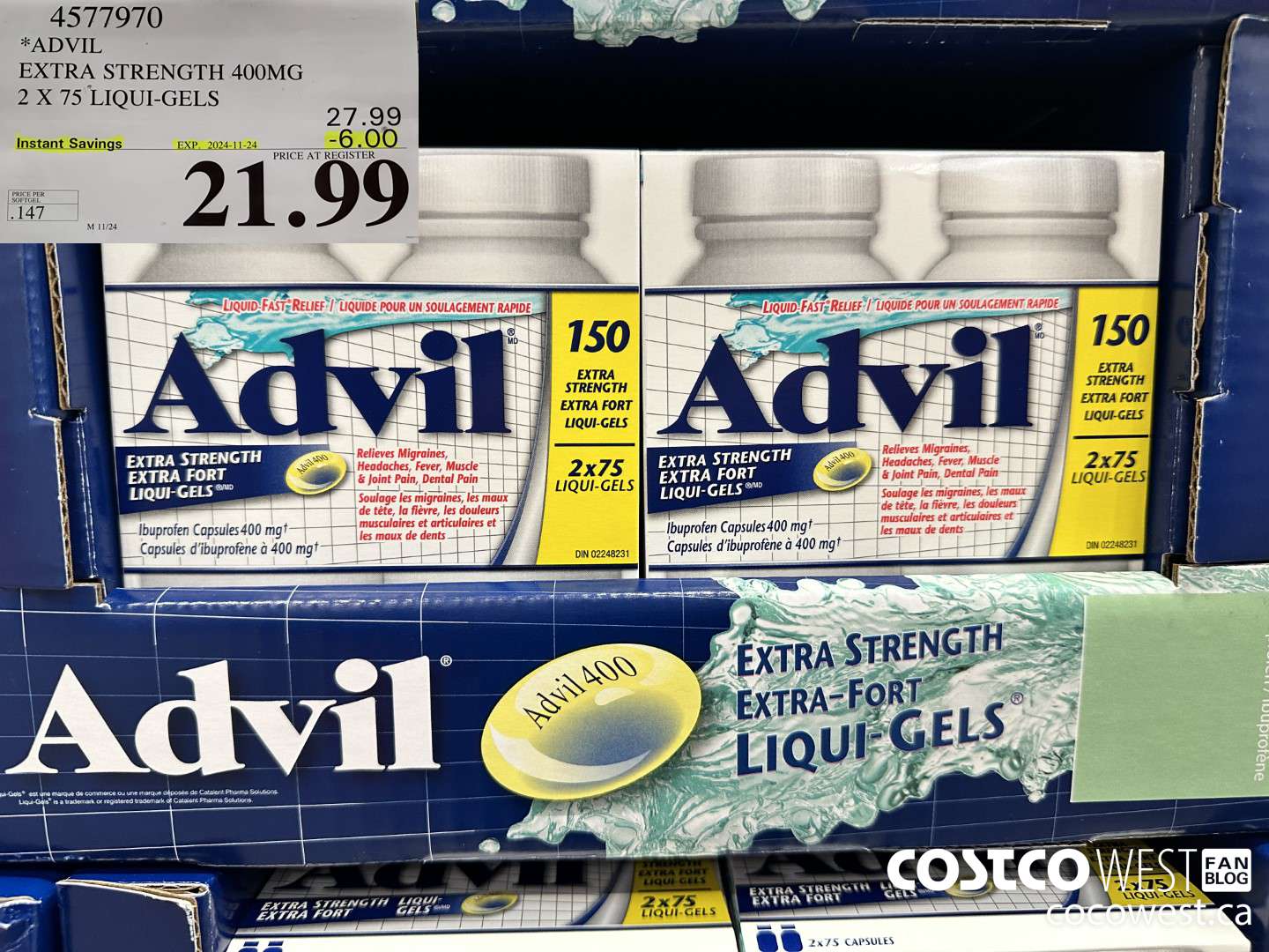 4577970 ADVIL EXTRA STRENGTH 400MG 2 X 75 LIQUI-GELS ($6.00 INSTANT SAVINGS EXPIRES ON 2024-11-24) $21.99