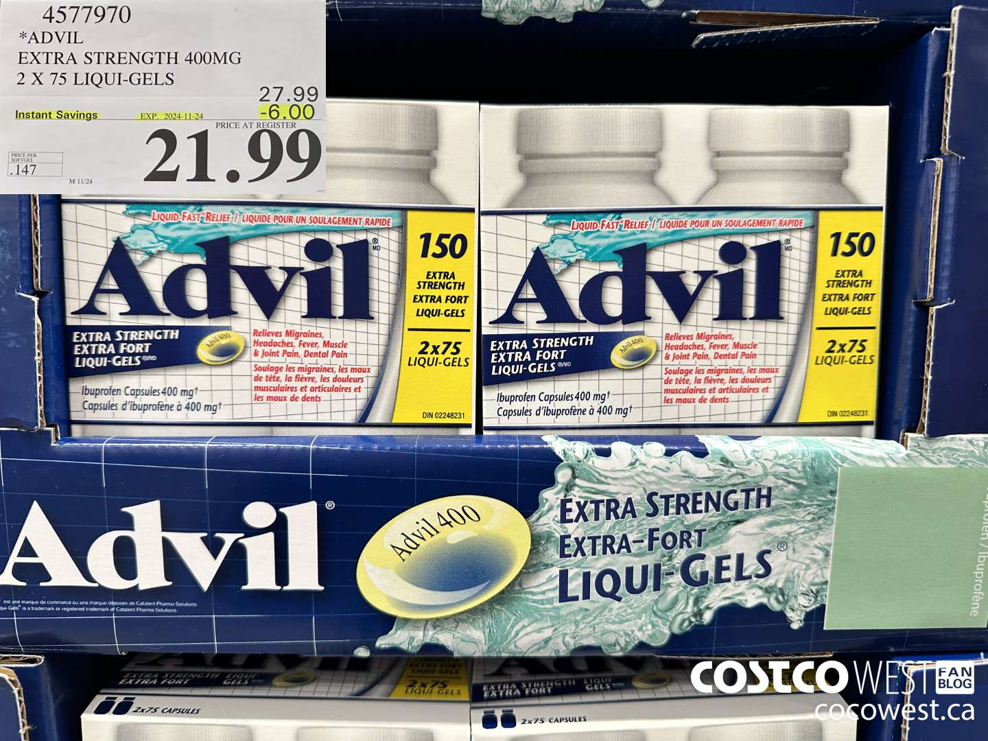 4577970 ADVIL EXTRA STRENGTH 400MG 2 X 75 LIQUI-GELS ($6.00 INSTANT SAVINGS EXPIRES ON 2024-11-24) $21.99