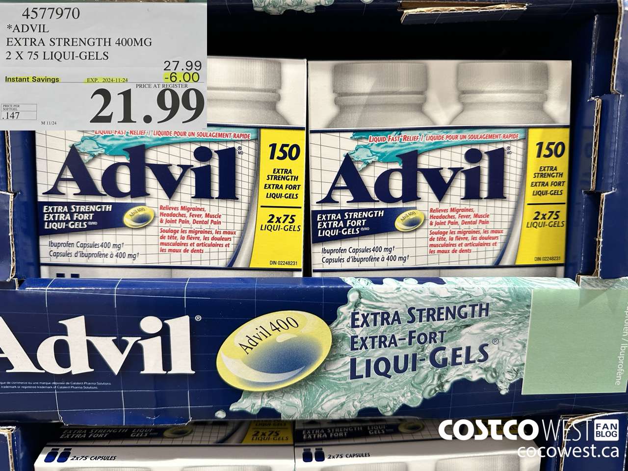 4577970 ADVIL EXTRA STRENGTH 400MG 2 X 75 LIQUI-GELS ($6.00 INSTANT SAVINGS EXPIRES ON 2024-11-24) $21.99