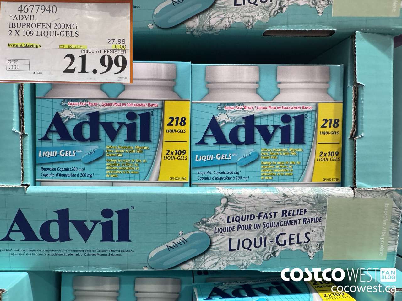 4677940 ADVIL IBUPROFEN 200MG 2 X 109 LIQUI-GELS ($6.00 INSTANT SAVINGS EXPIRES ON 2024-12-08) $21.99