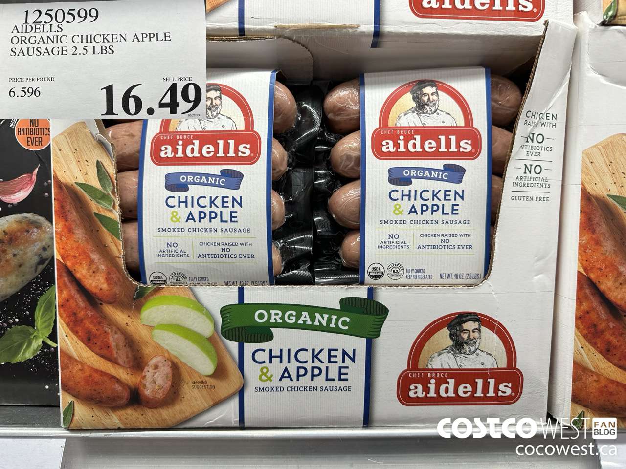 1250599 AIDELLS ORGANIC CHICKEN APPLE SAUSAGE 2.5 LBS  $16.49