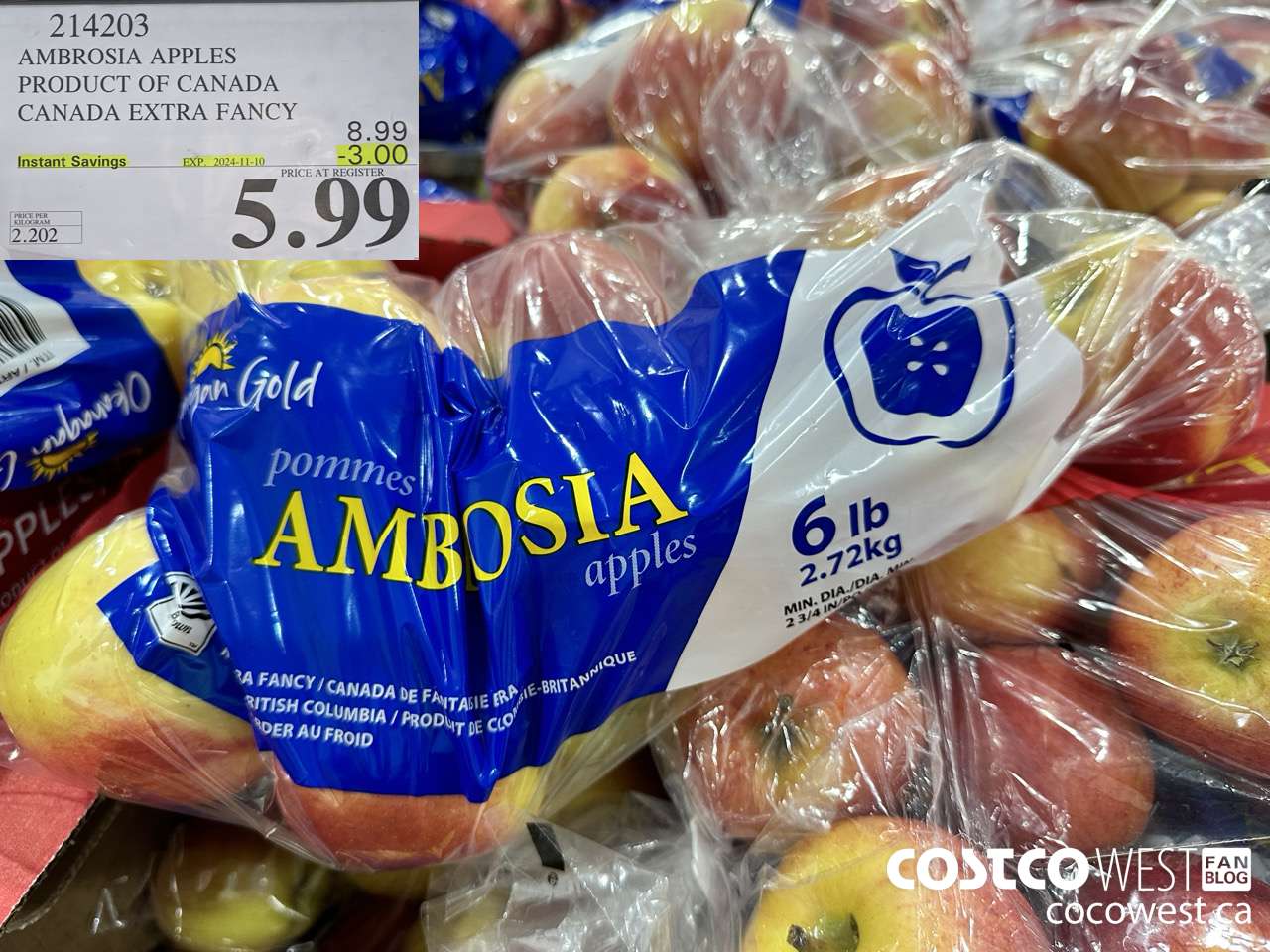 214203 AMBROSIA APPLES PRODUCT OF CANADA EXTRA FANCY ($3.00 INSTANT SAVINGS EXPIRES ON 2024-11-10) $5.99