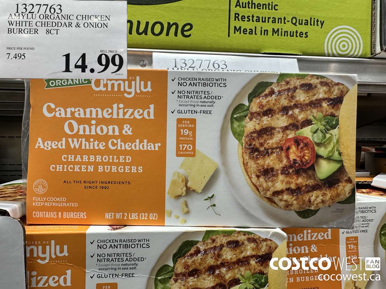 1327763 AMYLU ORGANIC CHICKEN WHITE CHEDDAR & ONION BURGER 8 CT $14.99