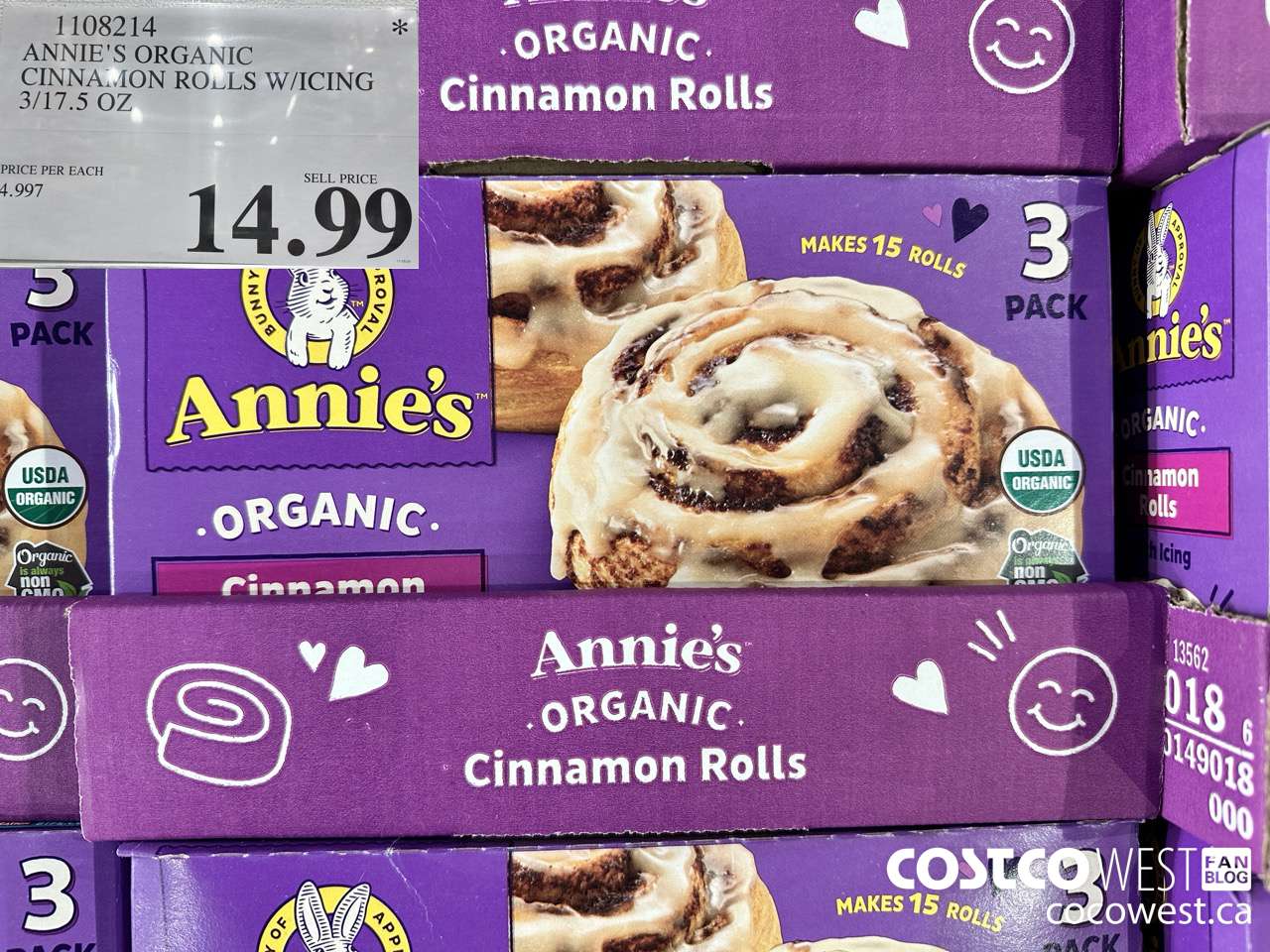 1108214 ANNIE'S ORGANIC CINNAMON ROLLS W/ICING 3/17.5 OZ $14.99