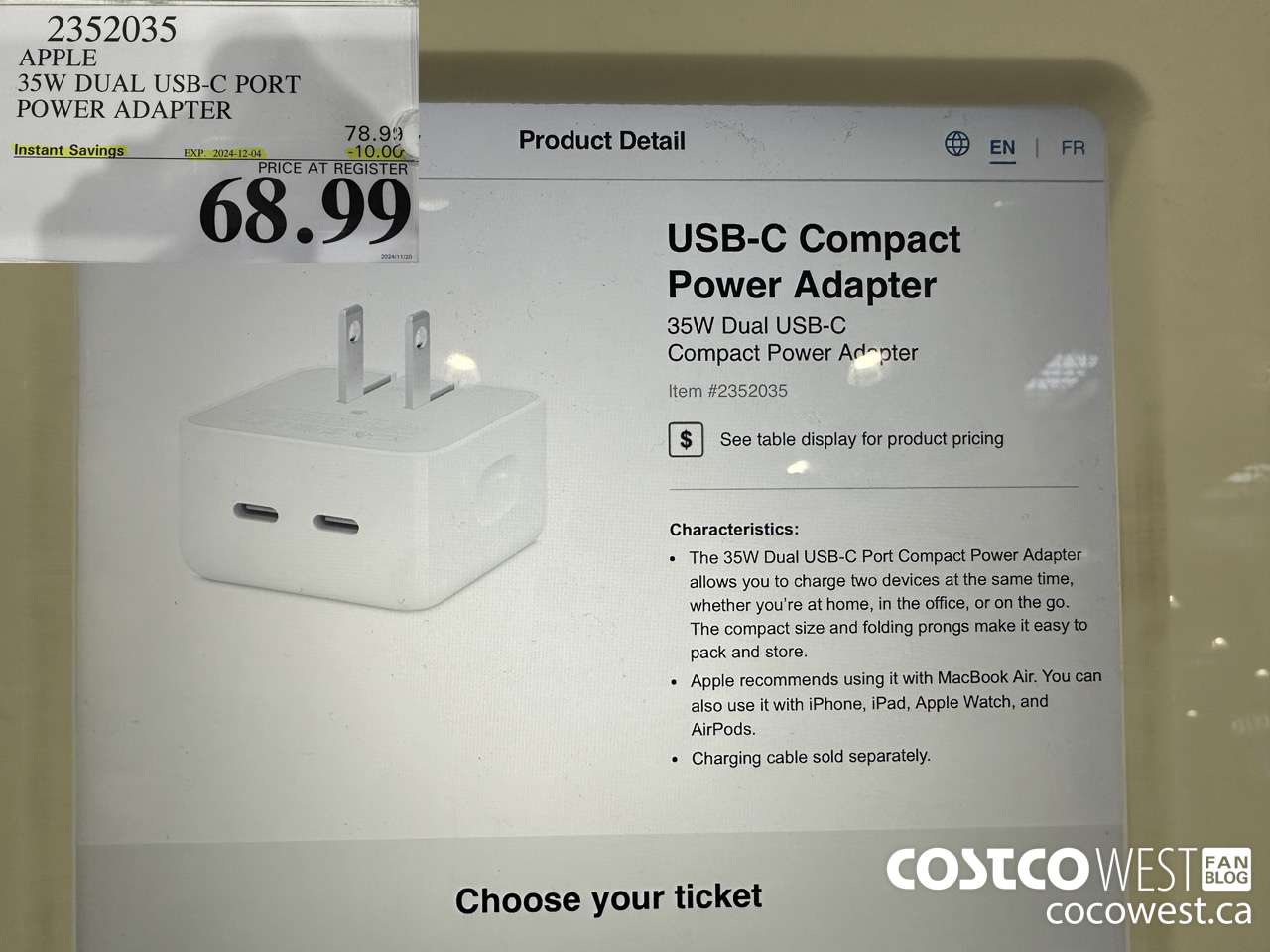 2352035 APPLE 35W DUAL USB-C PORT POWER ADAPTER ($10.00 INSTANT SAVINGS EXPIRES ON 2024-12-04) $68.99