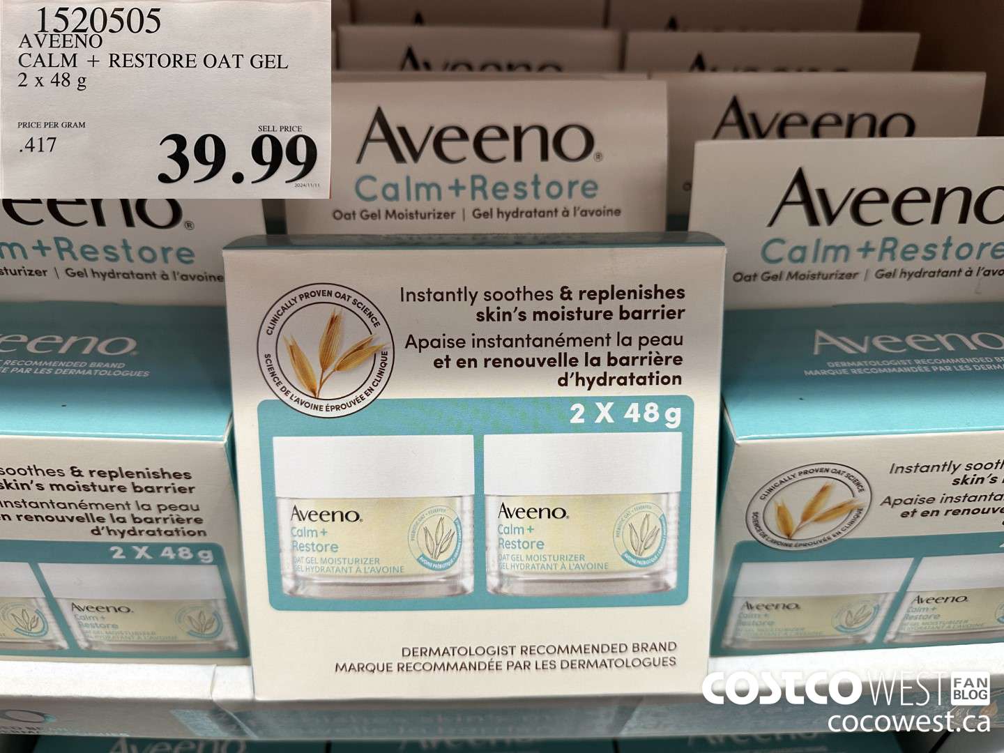 1520505 AVEENO CALM + RESTORE OAT GEL MOISTURIZER 2x48 g  $39.99