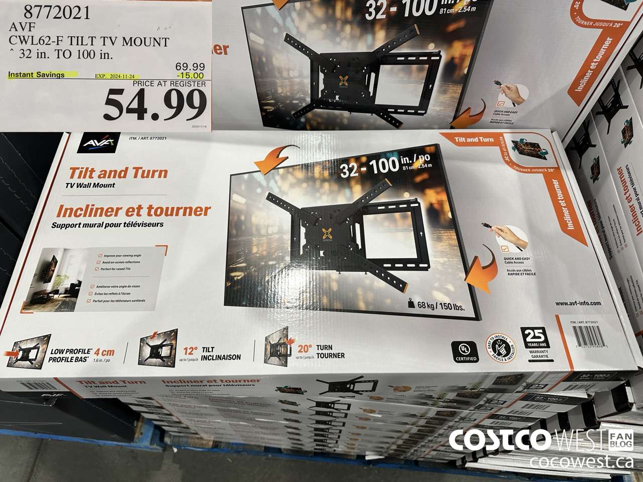 8772021 AVF CWL62-F TILT TV MOUNT 32 IN. TO 100IN ($15.00 INSTANT SAVINGS EXPIRES ON 2024-11-24) $54.99