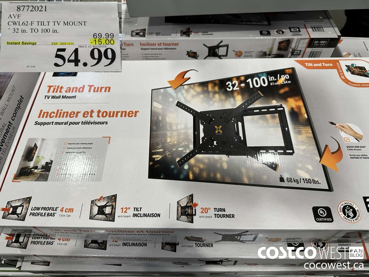 8772021 AVF CWL62-F TILT TV MOUNT 32 IN. TO 100IN ($15.00 INSTANT SAVINGS EXPIRES ON 2024-12-01) $54.99