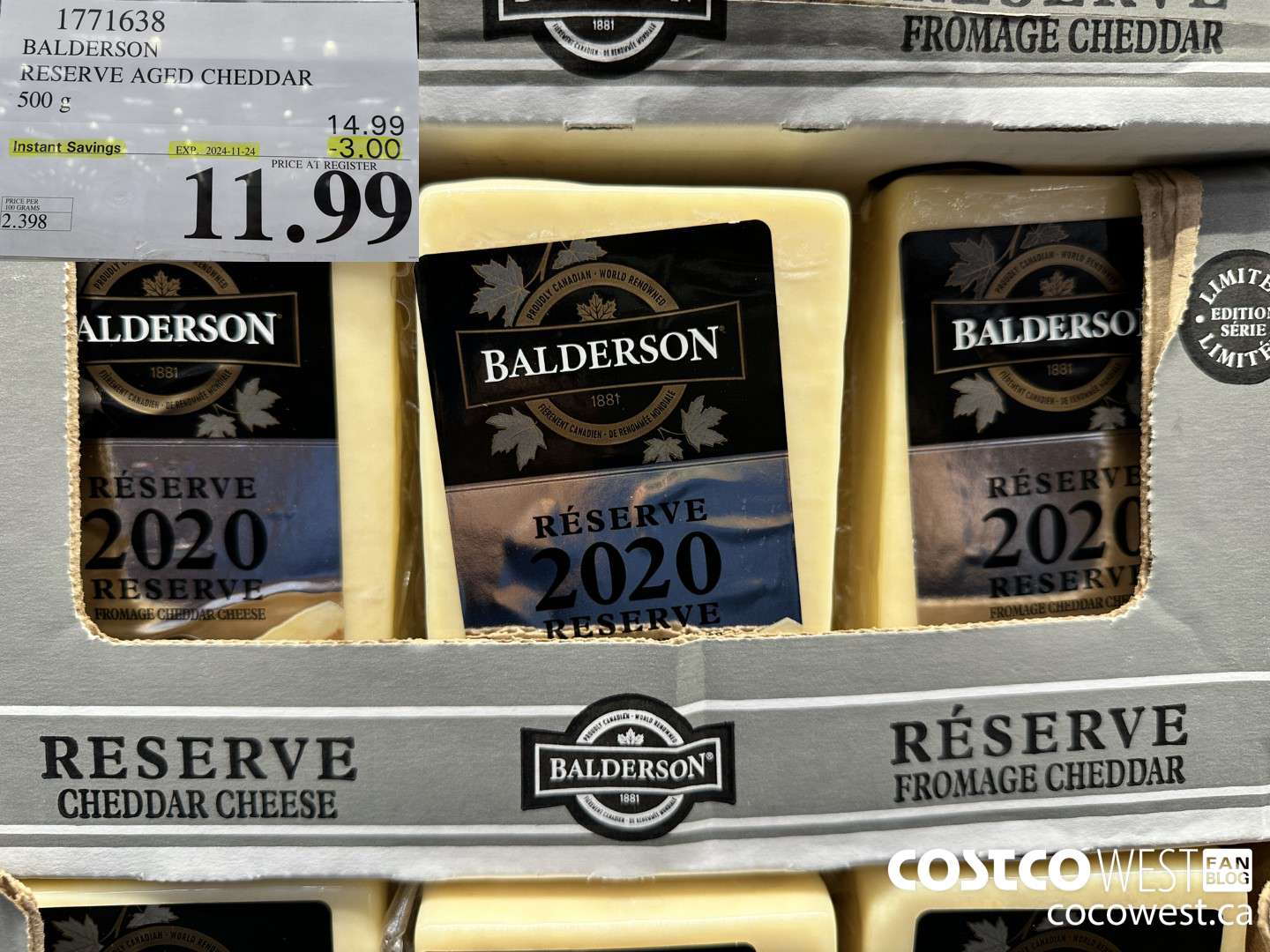 1771638 BALDERSON RESERVE AGED CHEDDAR 500 G ($3.00 INSTANT SAVINGS EXPIRES ON 2024-11-24) $11.99