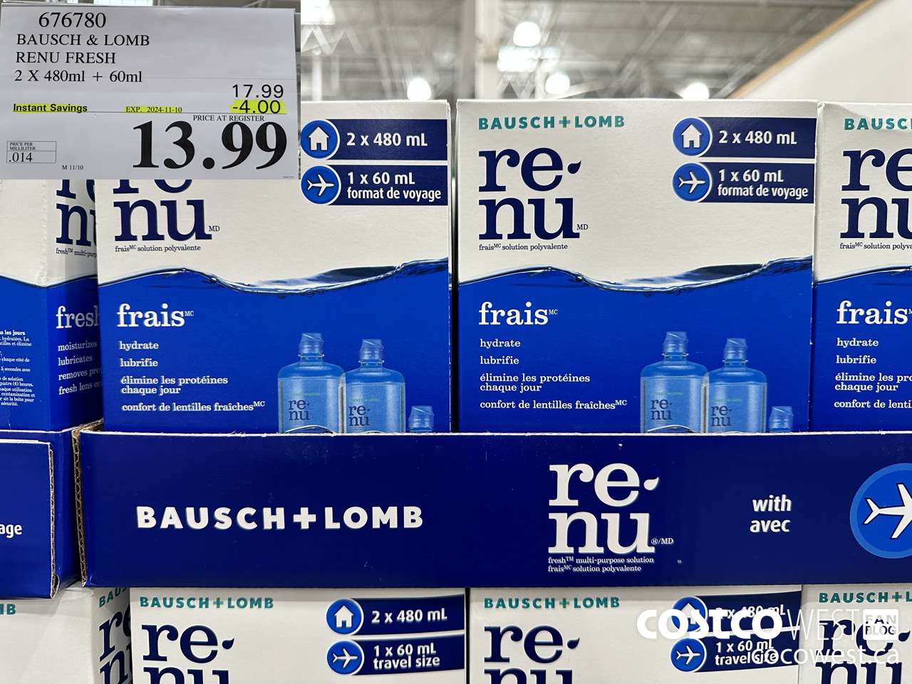 676780 BAUSCH & LOMB RENU FRESH 2 X 480ML + 60ML ($4.00 INSTANT SAVINGS EXPIRES ON 2024-11-10) $13.99
