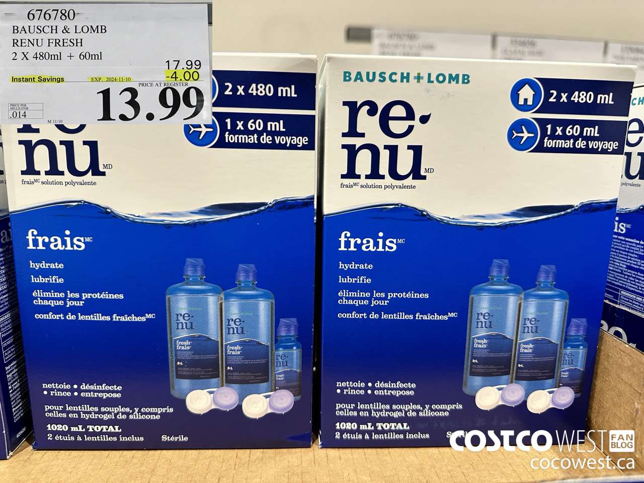 676780 BAUSCH & LOMB RENU FRESH 2 X 480ML + 60ML ($4.00 INSTANT SAVINGS EXPIRES ON 2024-11-10) $13.99