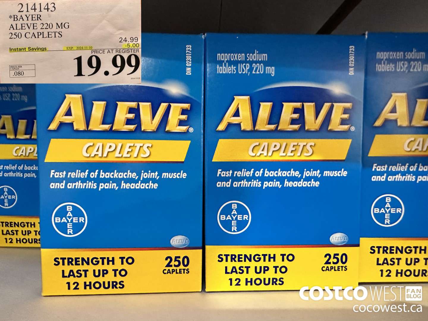 214143 BAYER ALEVE 220 MG 250 CAPLETS ($5.00 INSTANT SAVINGS EXPIRES ON 2024-11-10) $19.99