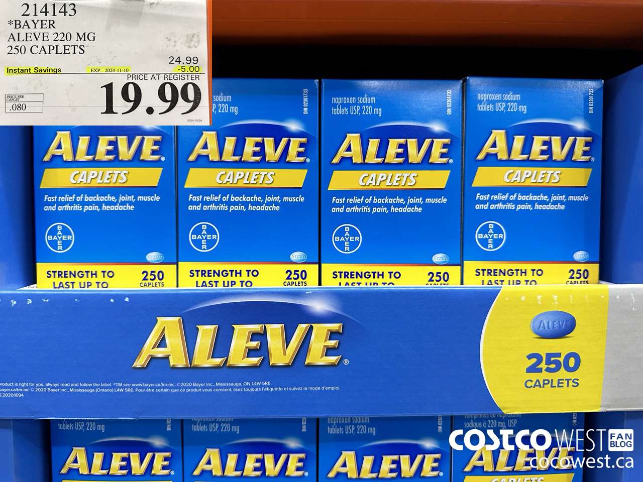 214143 BAYER ALEVE 220 MG 250 CAPLETS ($5.00 INSTANT SAVINGS EXPIRES ON 2024-11-10) $19.99