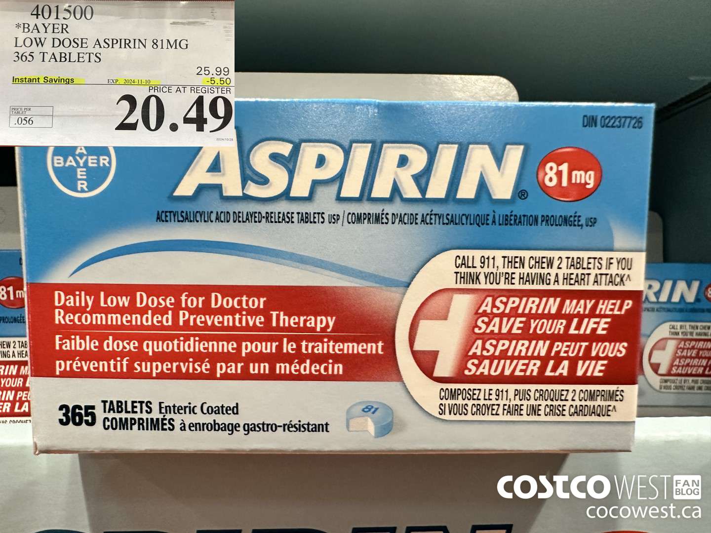 401500 BAYER COATED LOW DOSE ASA 365 81MG TABLETS ($5.50 INSTANT SAVINGS EXPIRES ON 2024-11-10) $20.49