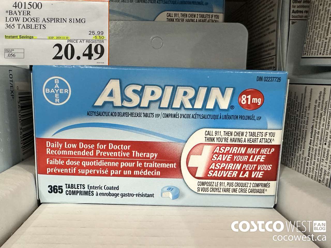 401500 BAYER COATED LOW DOSE ASA 365 81MG TABLETS ($5.50 INSTANT SAVINGS EXPIRES ON 2024-11-10) $20.49