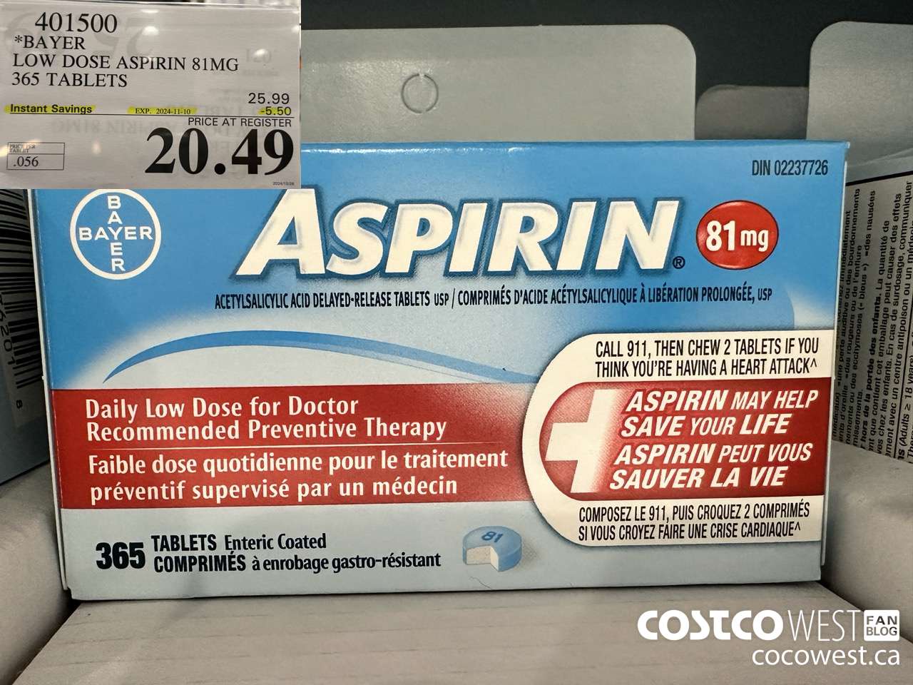401500 BAYER COATED LOW DOSE ASA 365 81MG TABLETS ($5.50 INSTANT SAVINGS EXPIRES ON 2024-11-10) $20.49