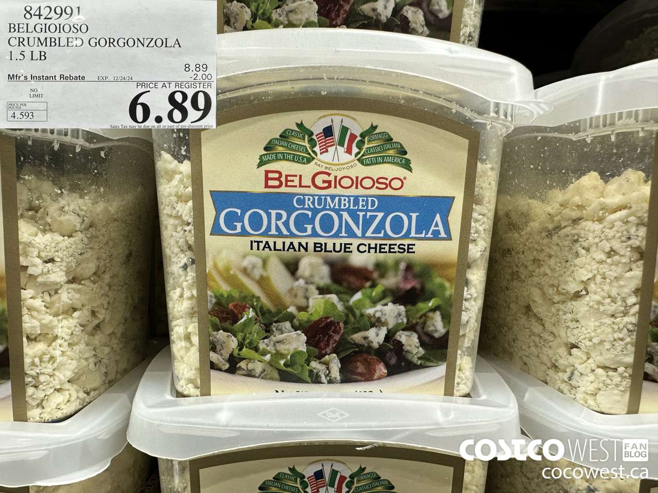 842991 BELGIOIOSO CRUMBLED GORGONZOLA 1.5 LB ($2.00 INSTANT SAVINGS EXPIRES ON 2024-12-24) $6.89