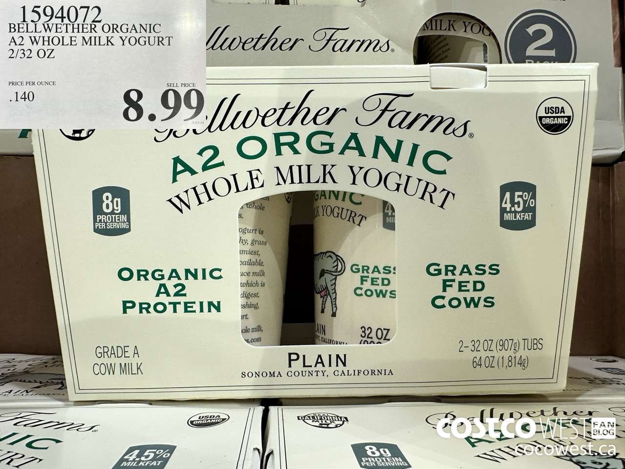 1594072 BELLWETHER ORGANIC A2 WHOLE MILK YOGURT 2/32 OZ $8.99