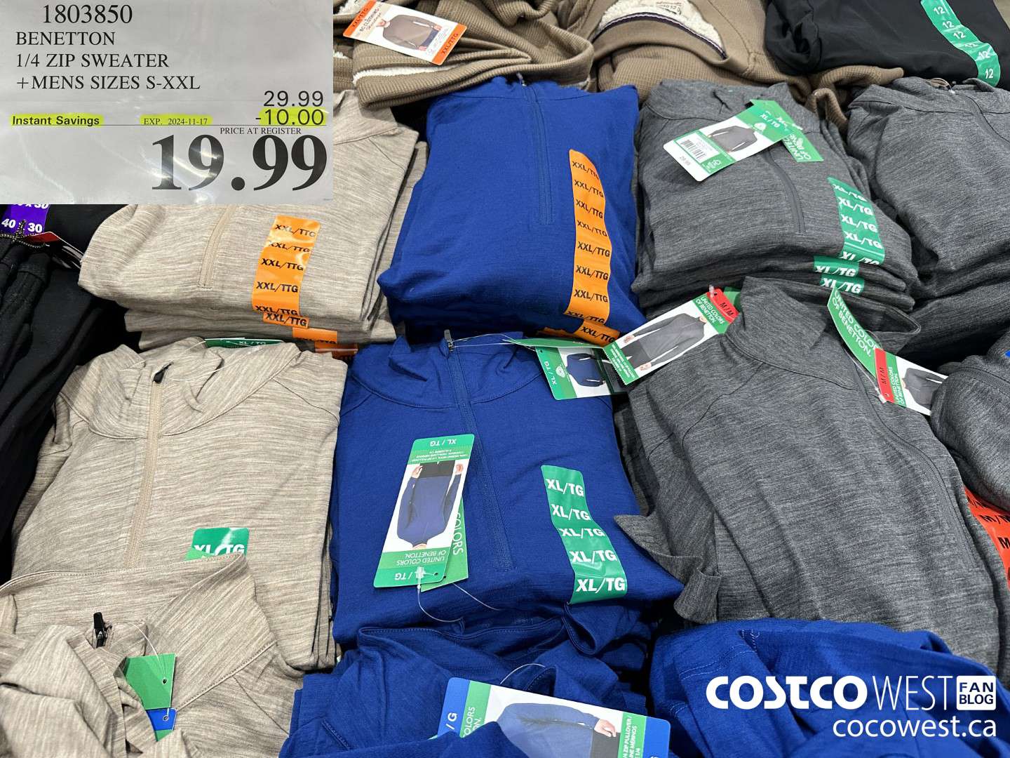 1803850 BENETTON 1/4 ZIP SWEATER MENS SIZES S-XXL ($10.00 INSTANT SAVINGS EXPIRES ON 2024-11-17) $19.99