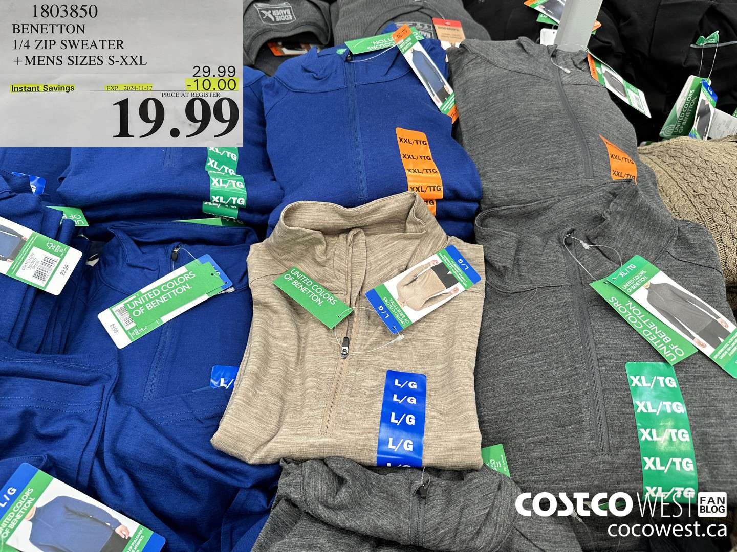 1803850 BENETTON 1/4 ZIP SWEATER MENS SIZES S-XXL ($10.00 INSTANT SAVINGS EXPIRES ON 2024-11-17) $19.99