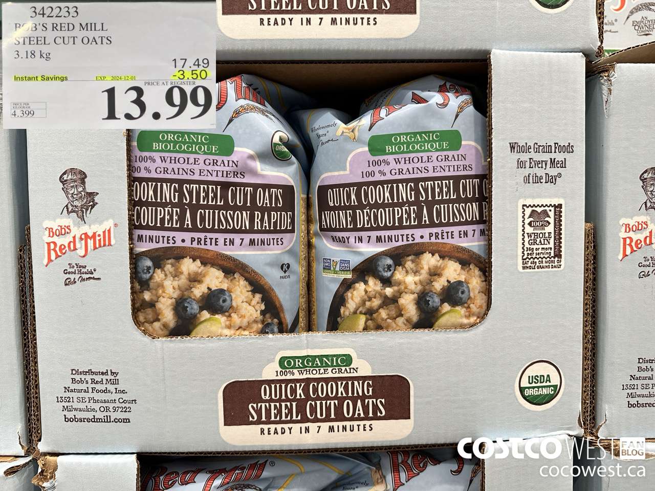 342233 BOB'S RED MILL ORG STEEL CUT OATS 3.18KG ($3.50 INSTANT SAVINGS EXPIRES ON 2024-12-01) $13.99