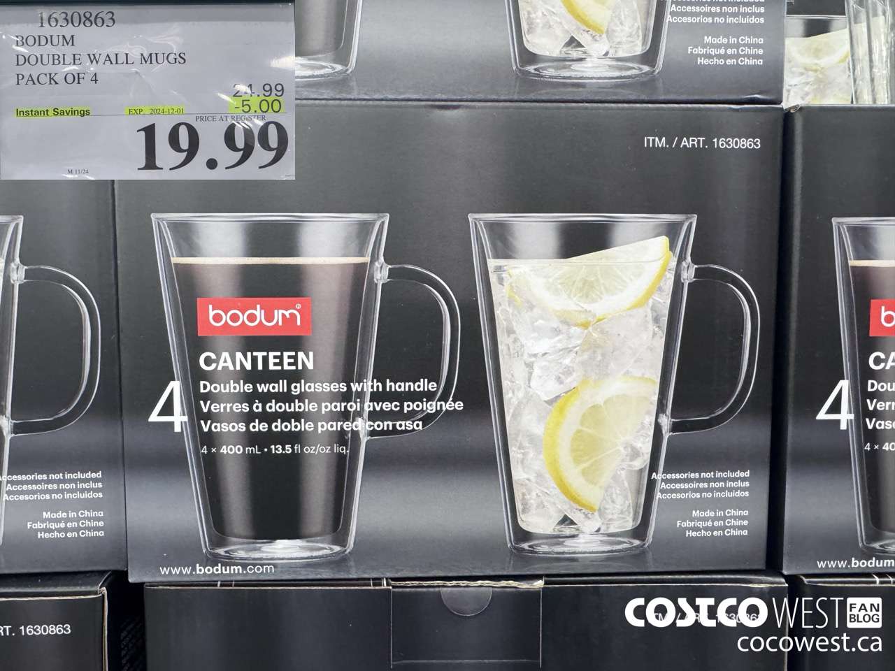 1630863 BODUM DOUBLE WALL MUG 13.5 OZ 4 PACK ($5.00 INSTANT SAVINGS EXPIRES ON 2024-12-01) $19.99
