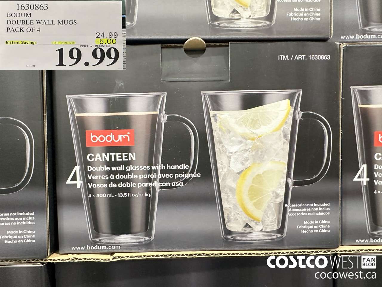1630863 BODUM DOUBLE WALL MUG 13.5 OZ 4 PACK ($5.00 INSTANT SAVINGS EXPIRES ON 2024-12-01) $19.99