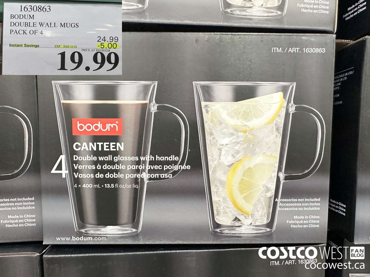 1630863 BODUM DOUBLE WALL MUG 13.5 OZ 4 PACK ($5.00 INSTANT SAVINGS EXPIRES ON 2024-12-01) $19.99