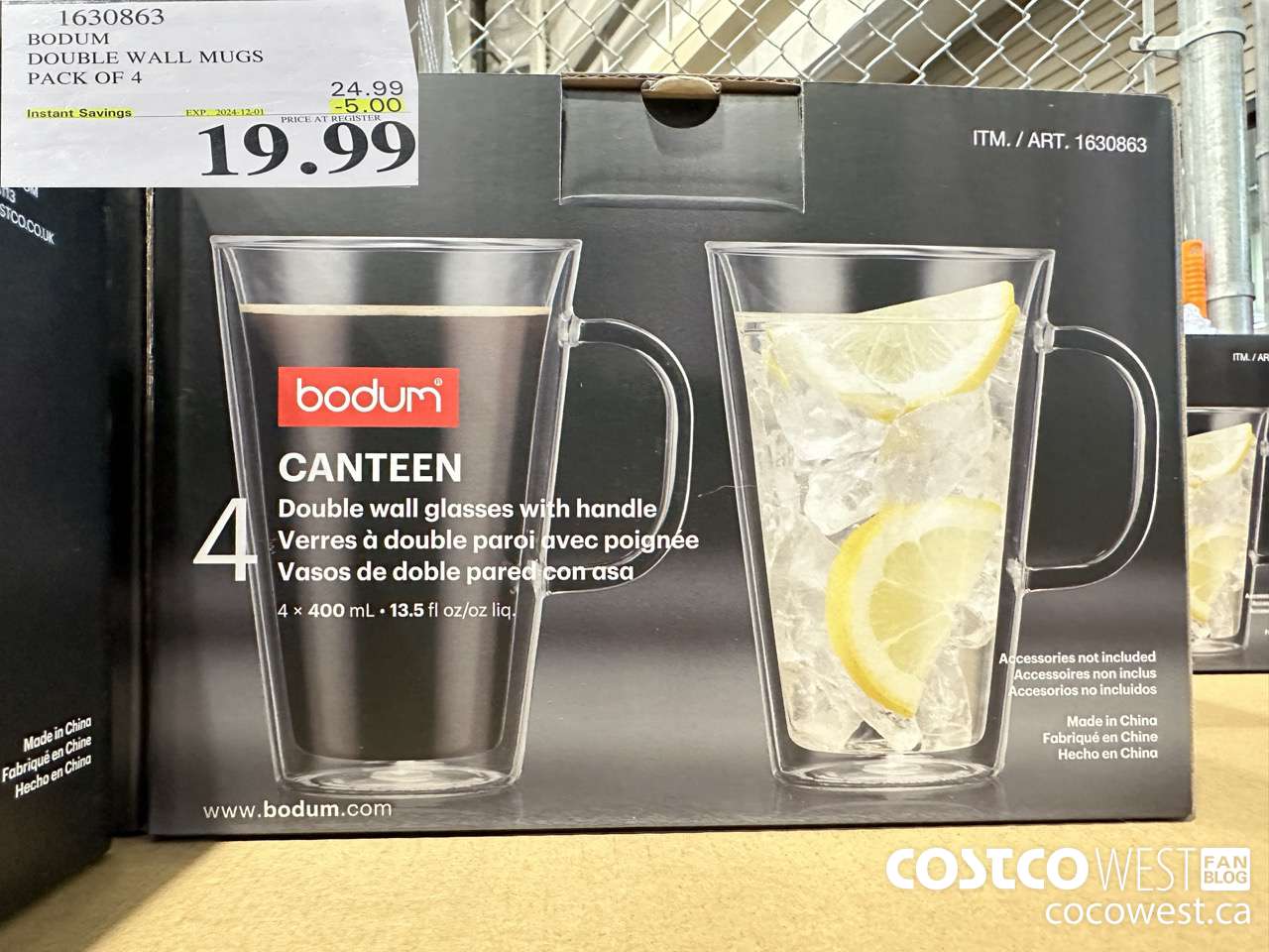 1630863 BODUM DOUBLE WALL MUG 13.5 OZ 4 PACK ($5.00 INSTANT SAVINGS EXPIRES ON 2024-12-01) $19.99